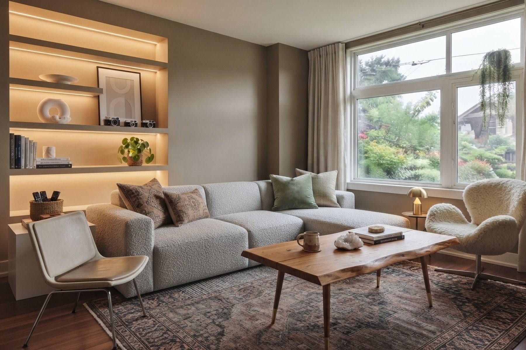 Derselbe Raum nach der Renovierung: warme Wandfarbe, beleuchtetes Regal, neues Parkett